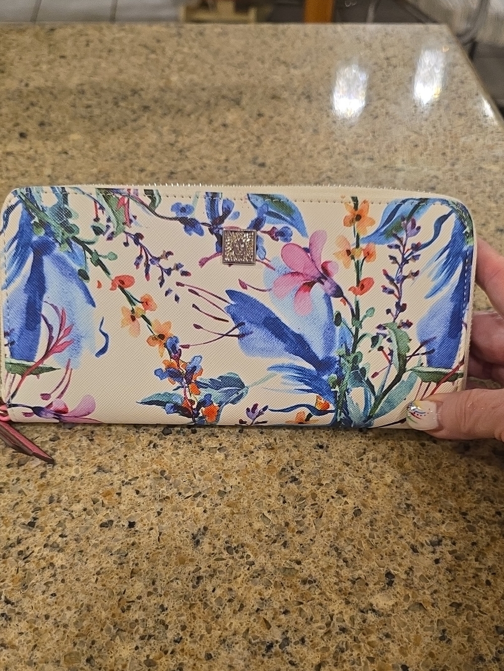 Anne Klein Floral Zip-Around Wallet – Cream with Blue & Pink Floral Print